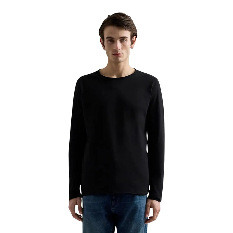 Schwarzes Herren-Langarmshirt aus Baumwolle von Replay mit Rundhalsausschnitt und glatter Strickstruktur