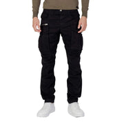 Replay men’s black cargo jeans with multiple pockets and a zipper detail on the thigh with zip and button closure