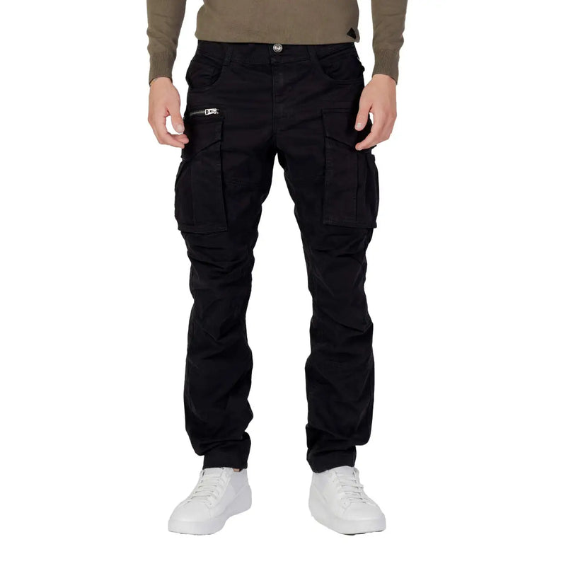 Replay men’s black cargo jeans with multiple pockets and a zipper detail on the thigh with zip and button closure
