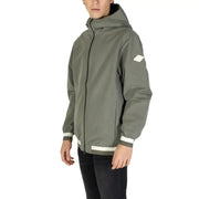 Replay men’s olive green hooded jacket with white reflective stripes on cuffs and hem and diamond logo patch on arm