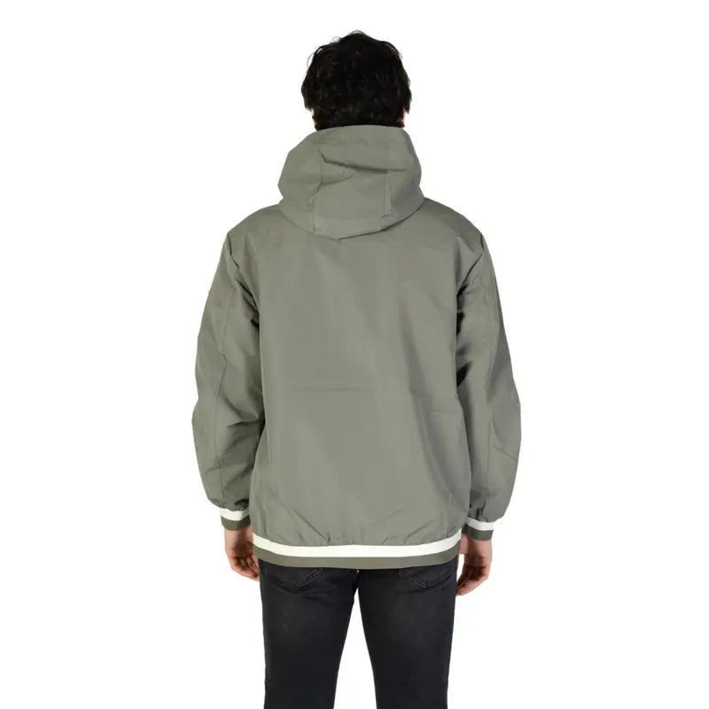 Replay men’s olive green hooded blazer with white trim cuffs and hem featuring a built-in turtleneck