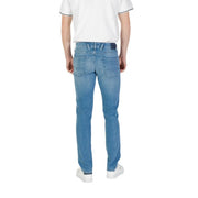 Replay mens light blue denim jeans in stretch cotton slim fit with subtle fading and classic back pockets visible