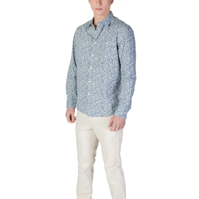 Replay mens light blue long-sleeved button-up shirt with subtle white floral pattern for casual and formal wear