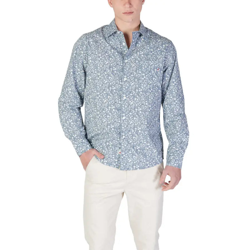 Replay men’s light blue long-sleeved shirt with a delicate white floral pattern ideal for casual and formal wear