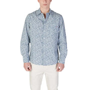 Replay men’s light blue long-sleeved button-up shirt with delicate white floral pattern in cotton fabric