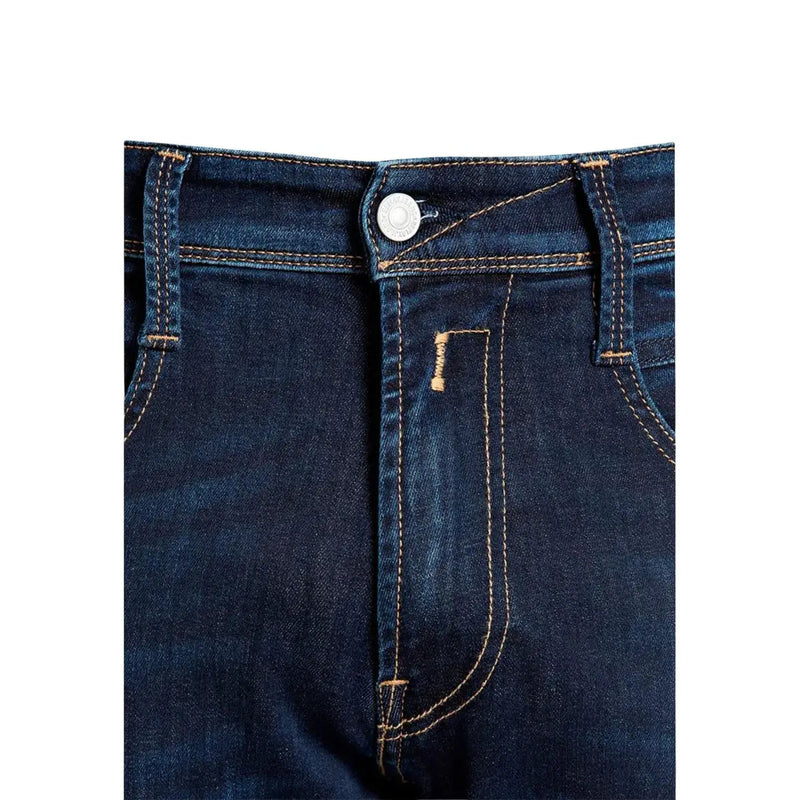 Replay Power Stretch Jeans für Herren aus dunkelblauem Denim mit beigen Nähten und silbernem Knopf, Vorderansicht