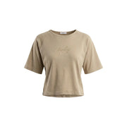 Replay women beige cotton cropped t shirt with short sleeves and gold replay logo embroidered on the chest