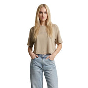 Replay women beige cotton round neck short t shirt size bd with subtle embroidered logo across the chest