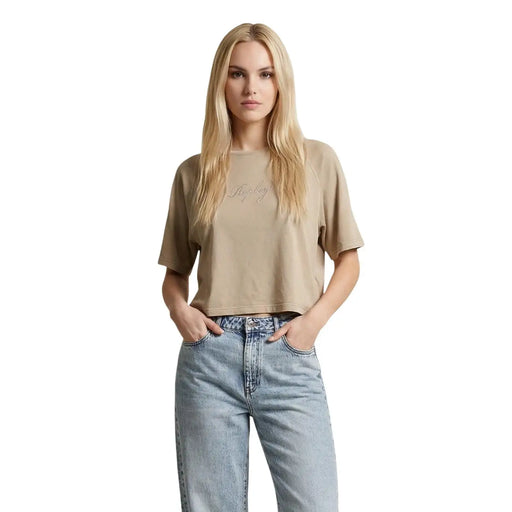 Replay Damen-T-Shirt aus beigefarbener Baumwolle mit Rundhalsausschnitt, Größe BD, mit dezentem, gesticktem Logo auf der Brust