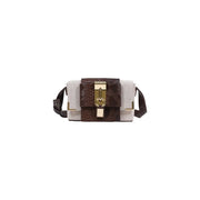 Replay women beige shoulder bag with inside pocket featuring two-tone beige canvas and dark brown snake-print leather accents