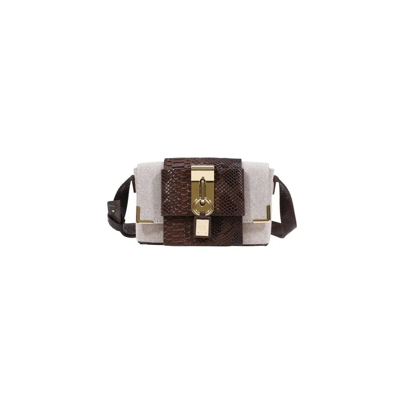 Replay women beige shoulder bag with inside pocket featuring two-tone beige canvas and dark brown snake-print leather accents