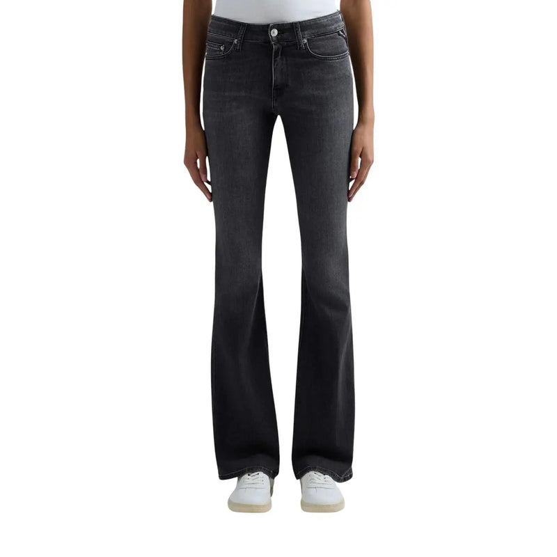 Schwarze Replay Damen-Jeans aus Denim mit dunkler Waschung, ausgestelltem Schnitt, fünf Taschen und dezenter Auswaschung an den Oberschenkeln (Spring TN)