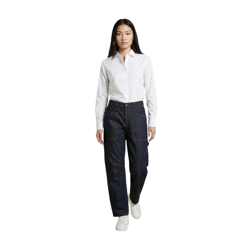Replay Damen-Jeans aus blauem Denim, Barrel Fit, aus Baumwolle, mit geradem Bein in dunklem Indigoblau und markanten aufgesetzten Taschen.