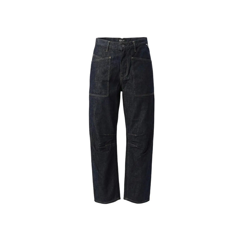 Replay Damen-Jeans aus blauem Denim in Dunkelindigo mit lässiger, gerader Beinform und markanten weißen Ziernähten.