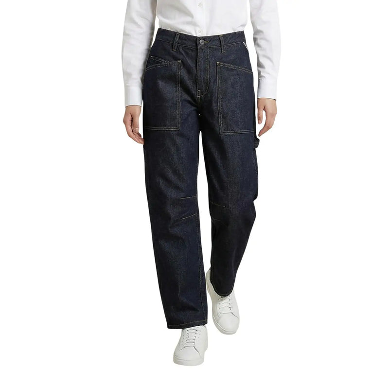 Replay Damen-Jeans aus blauem Denim, Barrel Fit, aus Baumwolle, in dunklem Indigo, mit großen Vordertaschen und geradem Bein.