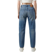 Replay Damen-Jeans aus blauem Denim mit klassischem, hochgeschnittenem, geradem Bein und braunem Leder-Markenpatch am Bund