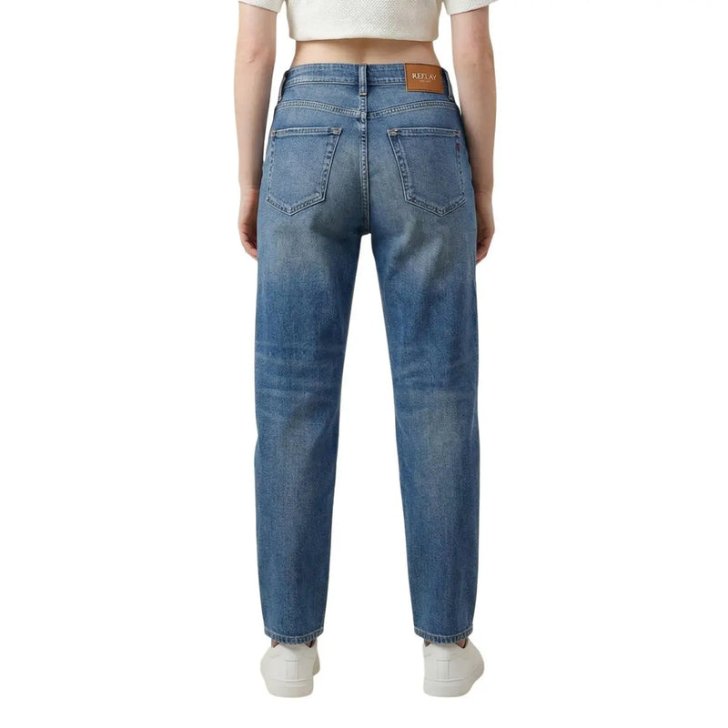 Replay Damen-Jeans aus blauem Denim mit klassischem, hochgeschnittenem, geradem Bein und braunem Leder-Markenpatch am Bund