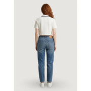 Replay Damen-Jeans aus blauem Denim mit klassischem geradem Bein und braunem Leder-Markenpatch am Bund, Ansicht von hinten