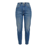 Eine blaue Damen-Jeans von Replay mit hohem Bund, geradem Bein, Vorder- und Gesäßtaschen und mittlerer Waschung.