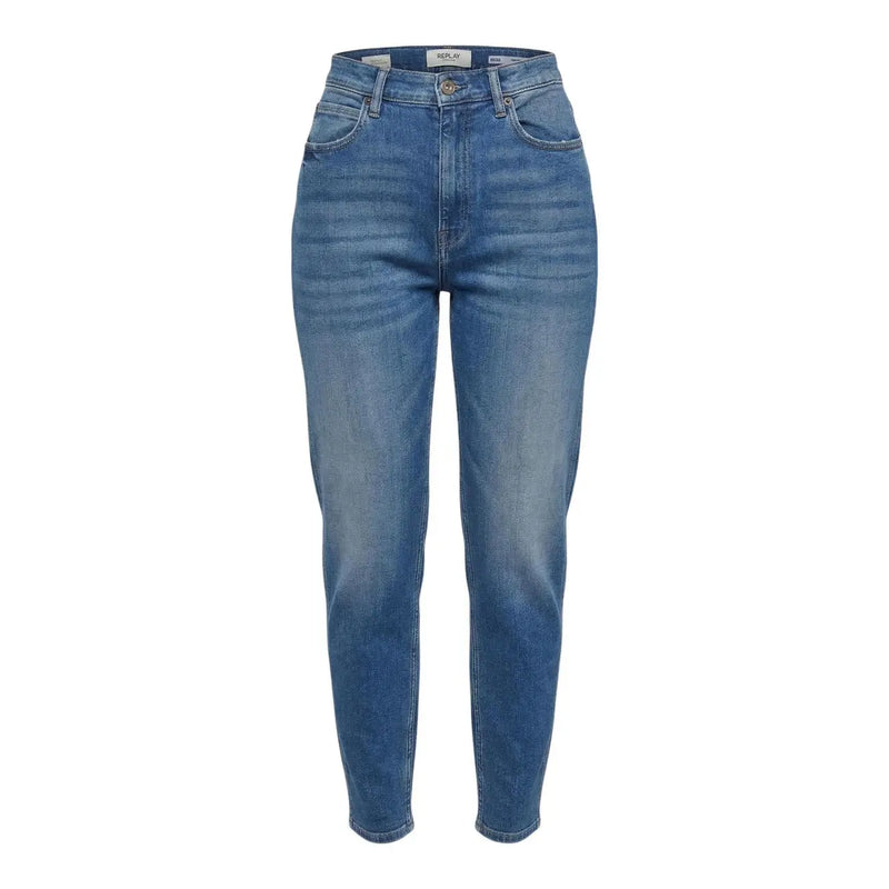 Eine blaue Damen-Jeans von Replay mit hohem Bund, geradem Bein, Vorder- und Gesäßtaschen und mittlerer Waschung.