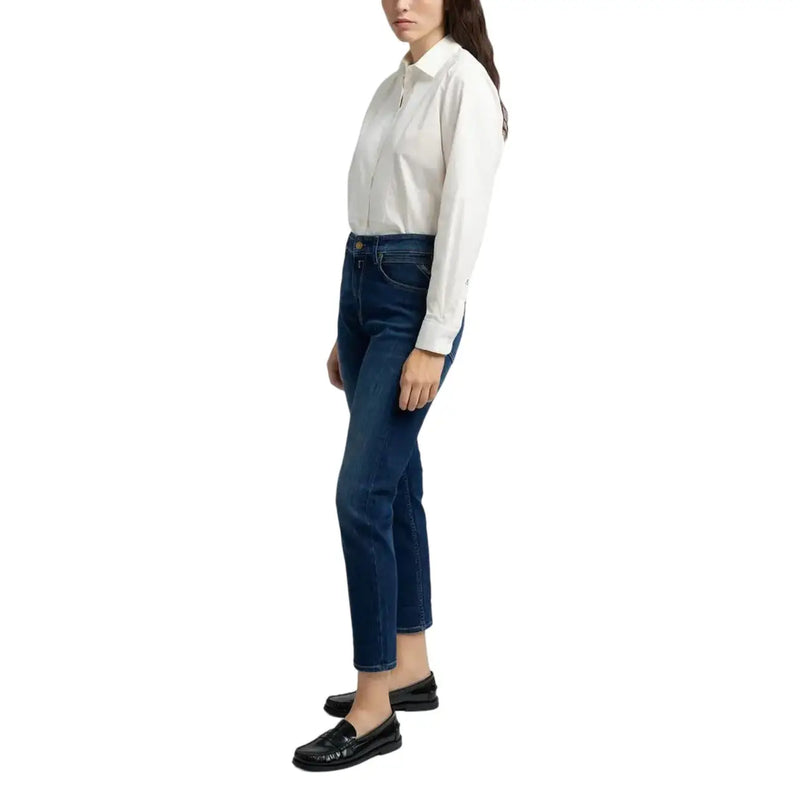 Dunkelblaue, hochgeschnittene Jeans mit geradem Bein und Vordertaschen von Replay für Damen aus blauem Denim