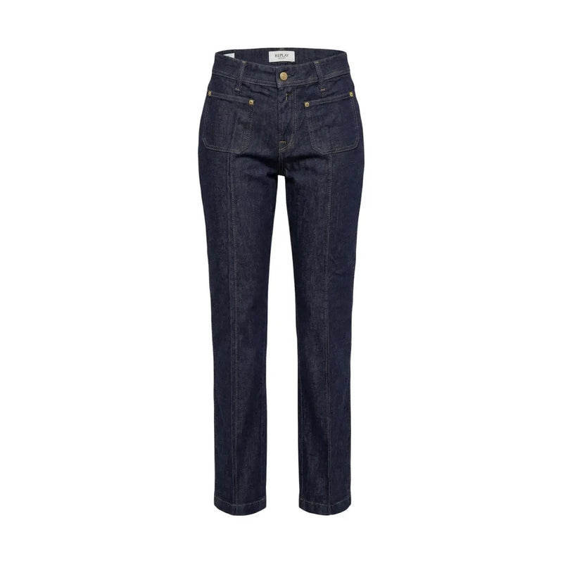 Replay Damen-Jeans aus dunkelblauem Denim mit goldfarbenen Beschlägen, geradem Bein und Vordertaschen.