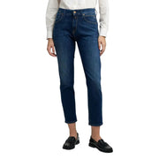 Replay Damen-Jeans aus dunkelblauem Denim mit klassischem geradem Bein und dezenter Waschung an den Oberschenkeln und Vordertaschen.