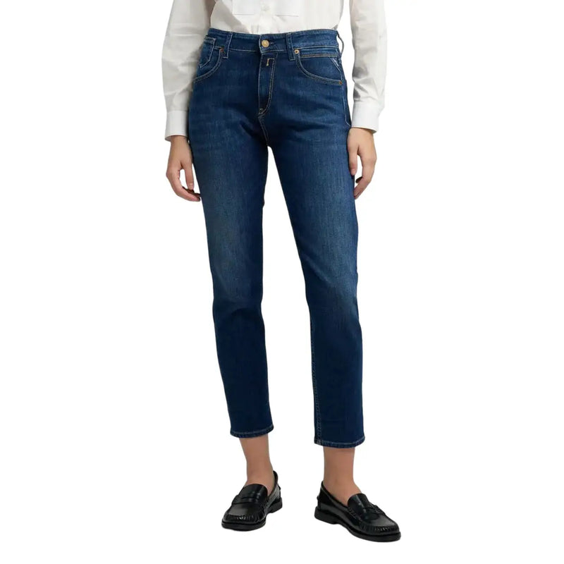 Replay Damen-Jeans aus dunkelblauem Denim mit klassischem geradem Bein und dezenter Waschung an den Oberschenkeln und Vordertaschen.