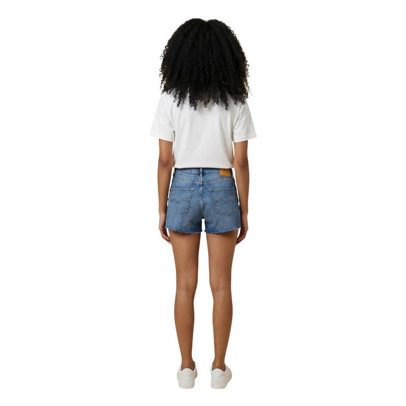 Replay women blue denim shorts with frayed hem and classic back pockets shown from the back side for casual wear