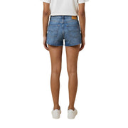 Replay women blue denim shorts back side with frayed hem classic pockets and tan leather brand patch at waistband