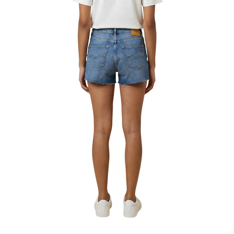 Replay women blue denim shorts back side with frayed hem classic pockets and tan leather brand patch at waistband