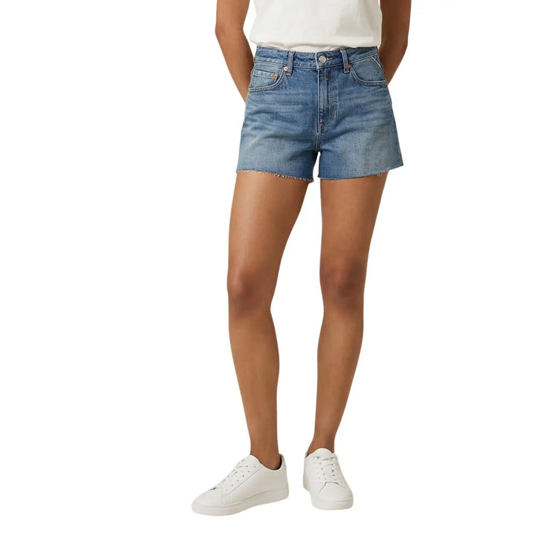 Replay women blue denim shorts with medium wash, frayed hem, zip pocket, and classic five-pocket design for casual wear