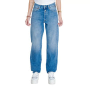 Replay women blue high-waisted denim jeans with faded wash and classic five-pocket design from fall winter collection