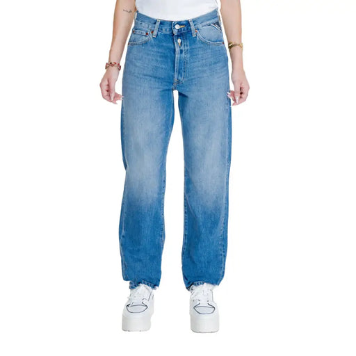 Replay women blue high-waisted denim jeans with faded wash and classic five-pocket design from fall winter collection