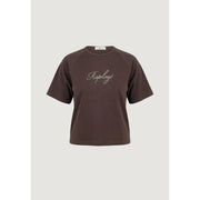 Replay women brown round neck short sleeve t shirt with white embroidered logo across the chest