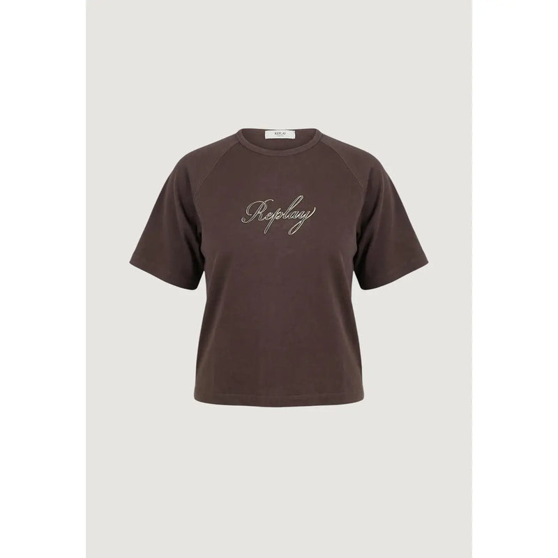 Replay women brown round neck short sleeve t shirt with white embroidered logo across the chest