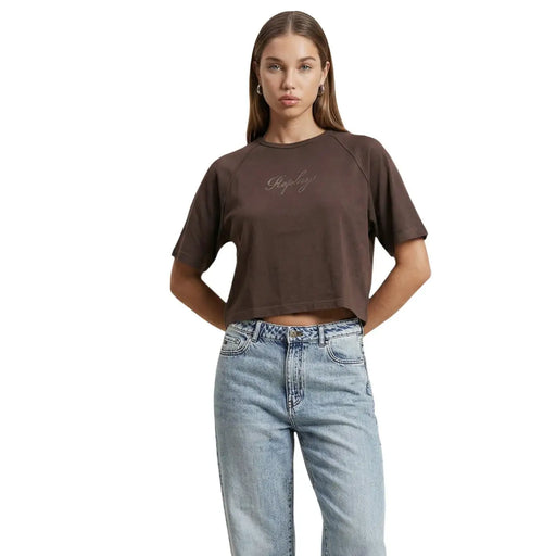 Replay Damen braune Rundhals-Cover t-shirt mit dezentem, gesticktem Logo auf der Brust und kurzen Ärmeln