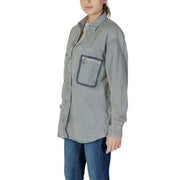 Replay women pinstripe shirt in blue featuring gray and white vertical stripes and a denim-trimmed chest pocket for spring summer