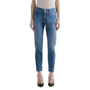 Replay Damen-Jeans in schmaler Passform aus blauer Baumwolle mit mittelblauer Waschung, klassischem geradem Bein und Knopfleiste.