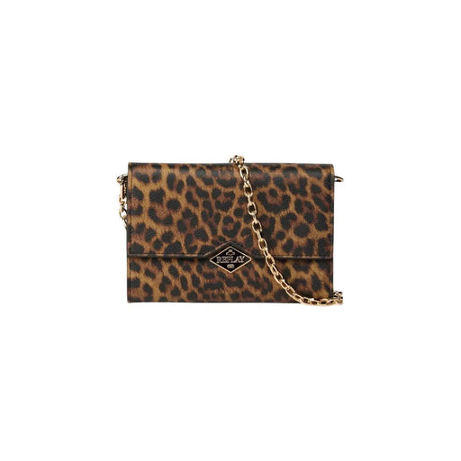 Replay Damen-Geldbörse, Leopardenmuster, braune Umhängetasche mit goldfarbenem Kettenriemen und rautenförmigem Metalllogo.