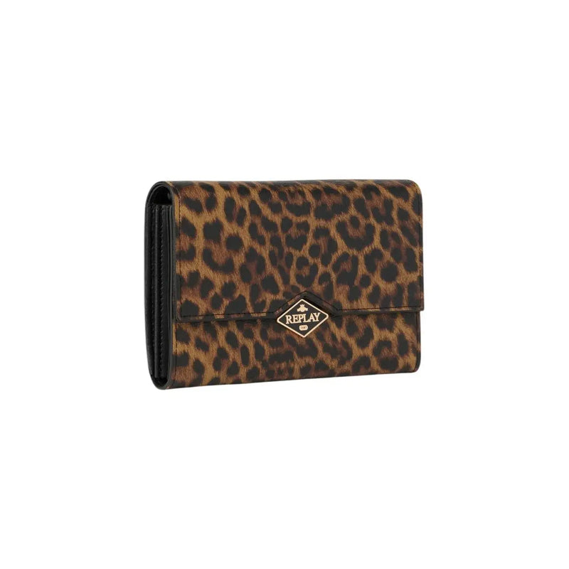 Replay Damen-Geldbörse mit Leopardenmuster in Braun mit schwarzem Besatz, goldfarbenem Logo und 18 cm breitem Schulterriemen – elegantes Design