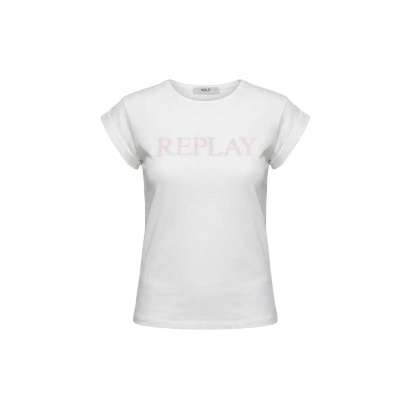 Weißes, kurzärmeliges Baumwoll-T-Shirt von Replay für Damen mit Rundhalsausschnitt und dezentem pinkfarbenem Replay-Logo auf der Brust.