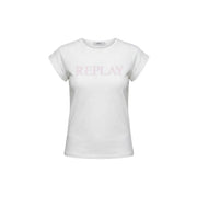 Weißes, kurzärmeliges Baumwoll-T-Shirt von Replay für Damen mit Rundhalsausschnitt und dezentem rosa Replay-Logo auf der Brust.