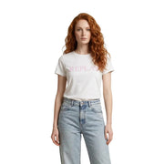 Weißes, kurzärmeliges Baumwoll-T-Shirt von Replay für Damen mit Rundhalsausschnitt und pinkfarbenem Replay-Logo auf der Brust.
