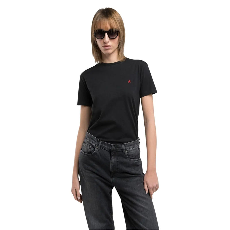 Replay women white round neck short sleeve t shirt black with small red embroidered logo on left chest
