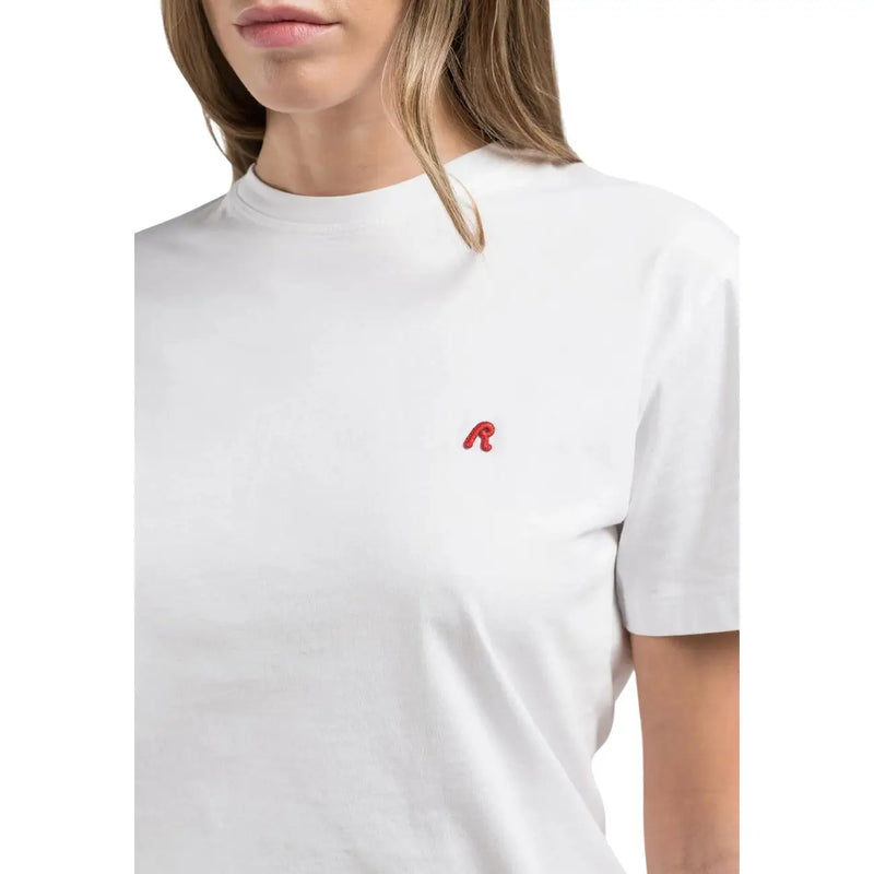 Replay women white round neck short sleeve cotton t shirt with small red embroidered logo on the left chest