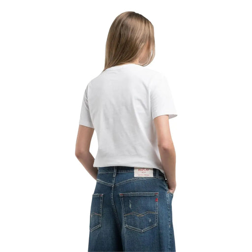 Rückansicht eines weißen Baumwoll-T-Shirts von Replay für Damen mit Rundhalsausschnitt, kurzen Ärmeln und Markenlabel am Bund