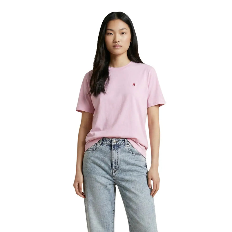 Replay women white round neck short sleeve t shirt with soft pink fabric and small embroidered logo on left chest
