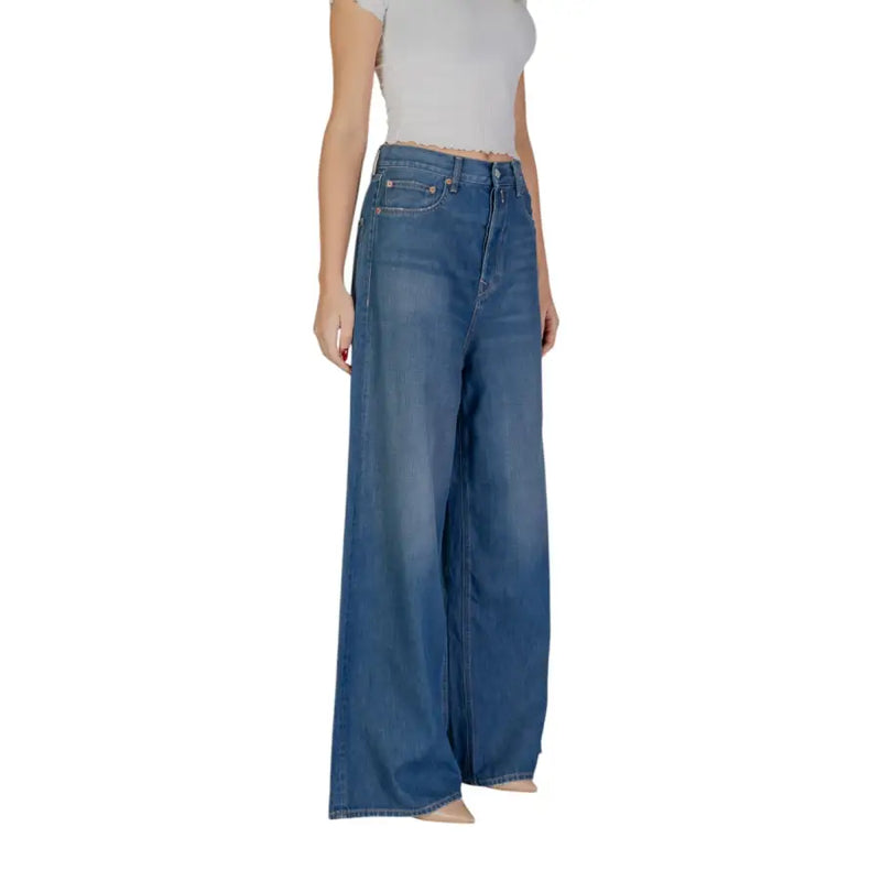 Replay women’s blue high-waisted wide-leg denim trousers with classic stitching button closure and pockets