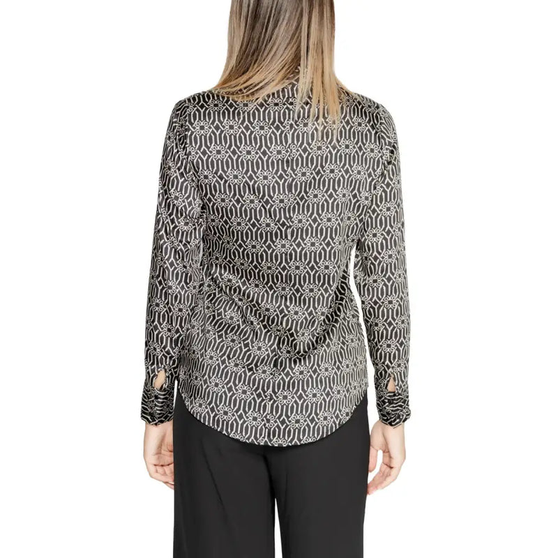 Rinascimento black printed long-sleeve blouse with geometric pattern and sheen
